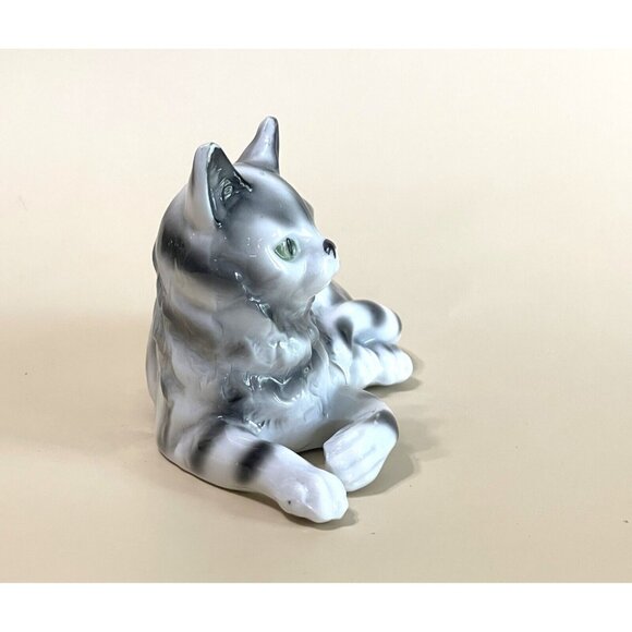 Vintage Thuringia Porcelain Tabby Cat Figurine Gray White Stripe Green Eyes Germ - Picture 4 of 7